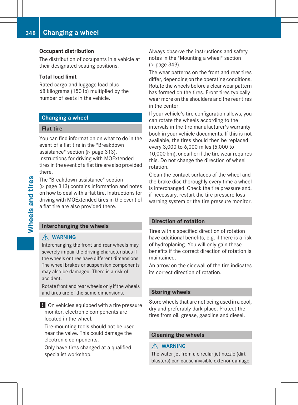 Changing a wheel, Flat tire, Interchanging the wheels | Direction of rotation, Storing wheels, Cleaning the wheels, Wheels and tires | Mercedes-Benz CLS-Class 2013 Owners Manual User Manual | Page 350 / 376