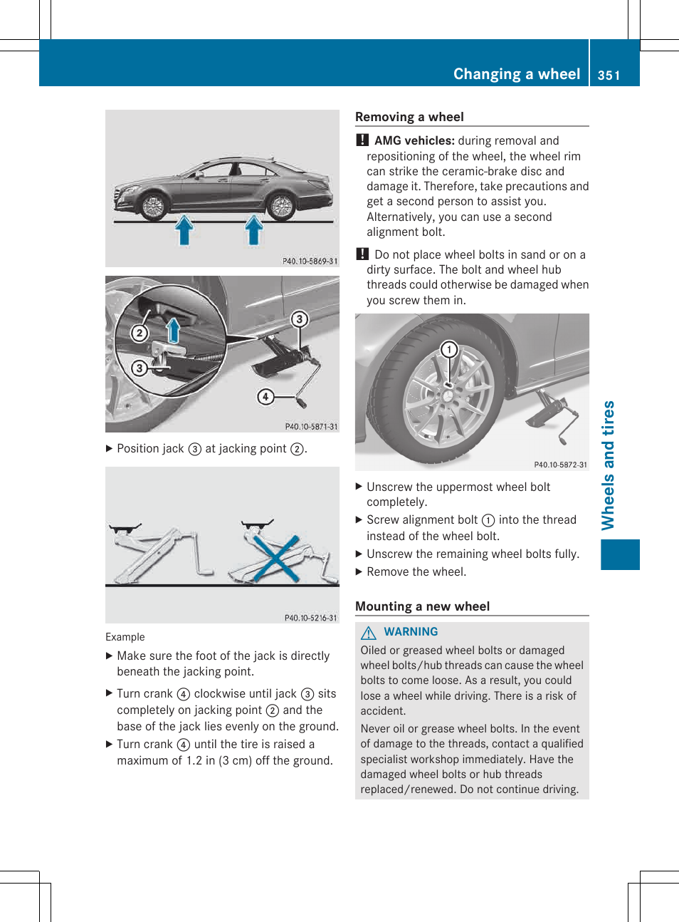 Wheels and tires, Changing a wheel | Mercedes-Benz CLS-Class 2013 Owners Manual User Manual | Page 353 / 376