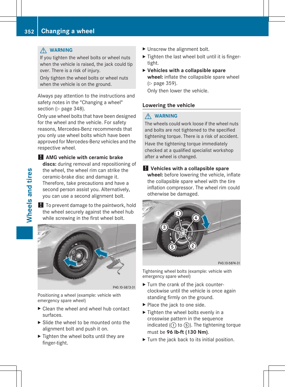 Wheels and tires, Changing a wheel | Mercedes-Benz CLS-Class 2013 Owners Manual User Manual | Page 354 / 376