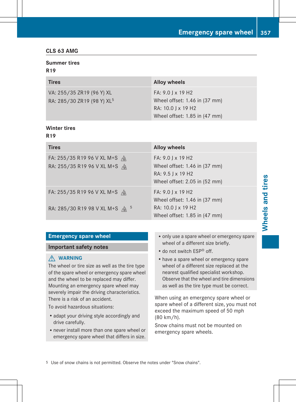 Emergency spare wheel, Important safety notes, Wheels and tires | Mercedes-Benz CLS-Class 2013 Owners Manual User Manual | Page 359 / 376