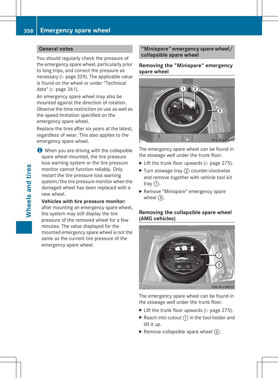 General notes, Wheels and tires, Emergency spare wheel | Mercedes-Benz CLS-Class 2013 Owners Manual User Manual | Page 360 / 376