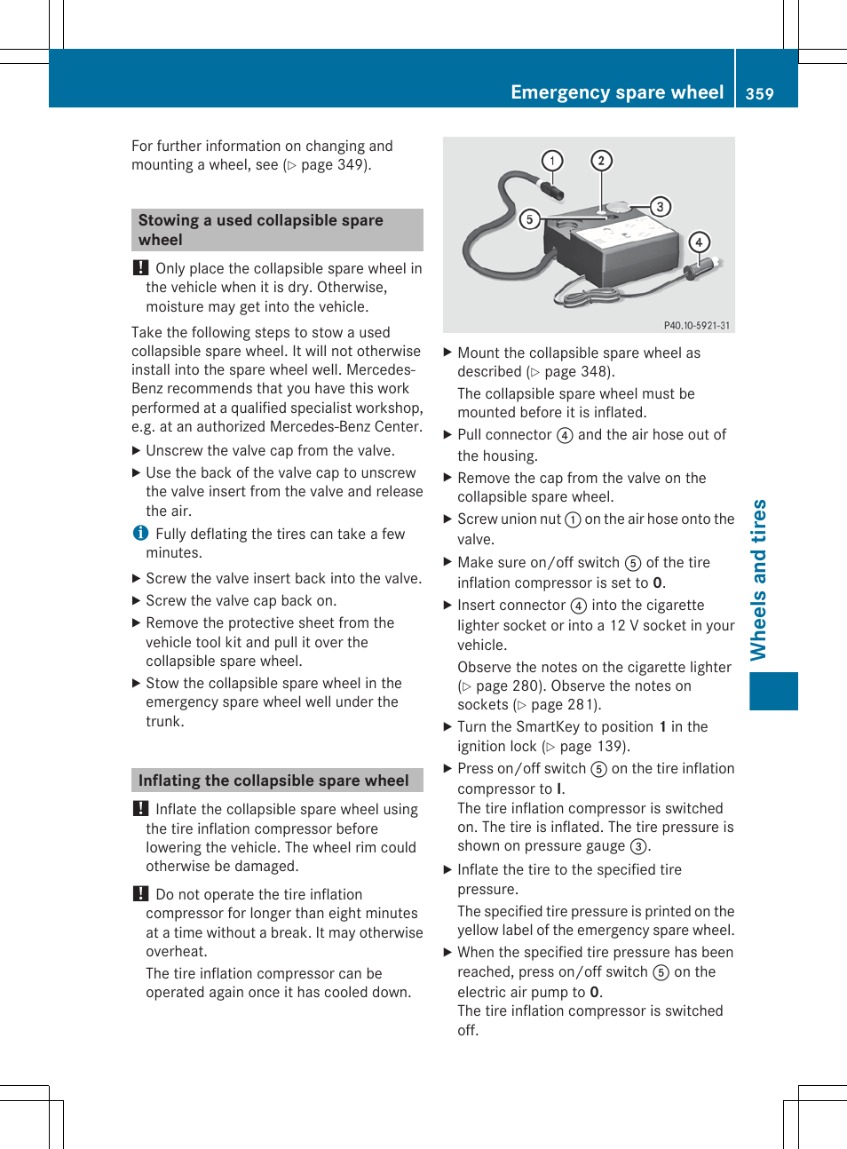 Stowing a used collapsible spare wheel, Inflating the collapsible spare wheel, Wheels and tires | Emergency spare wheel | Mercedes-Benz CLS-Class 2013 Owners Manual User Manual | Page 361 / 376