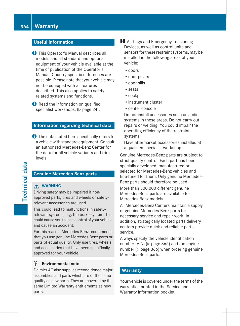 Technical data, Useful information, Information regarding technical data | Genuine mercedes-benz parts, Warranty | Mercedes-Benz CLS-Class 2013 Owners Manual User Manual | Page 366 / 376