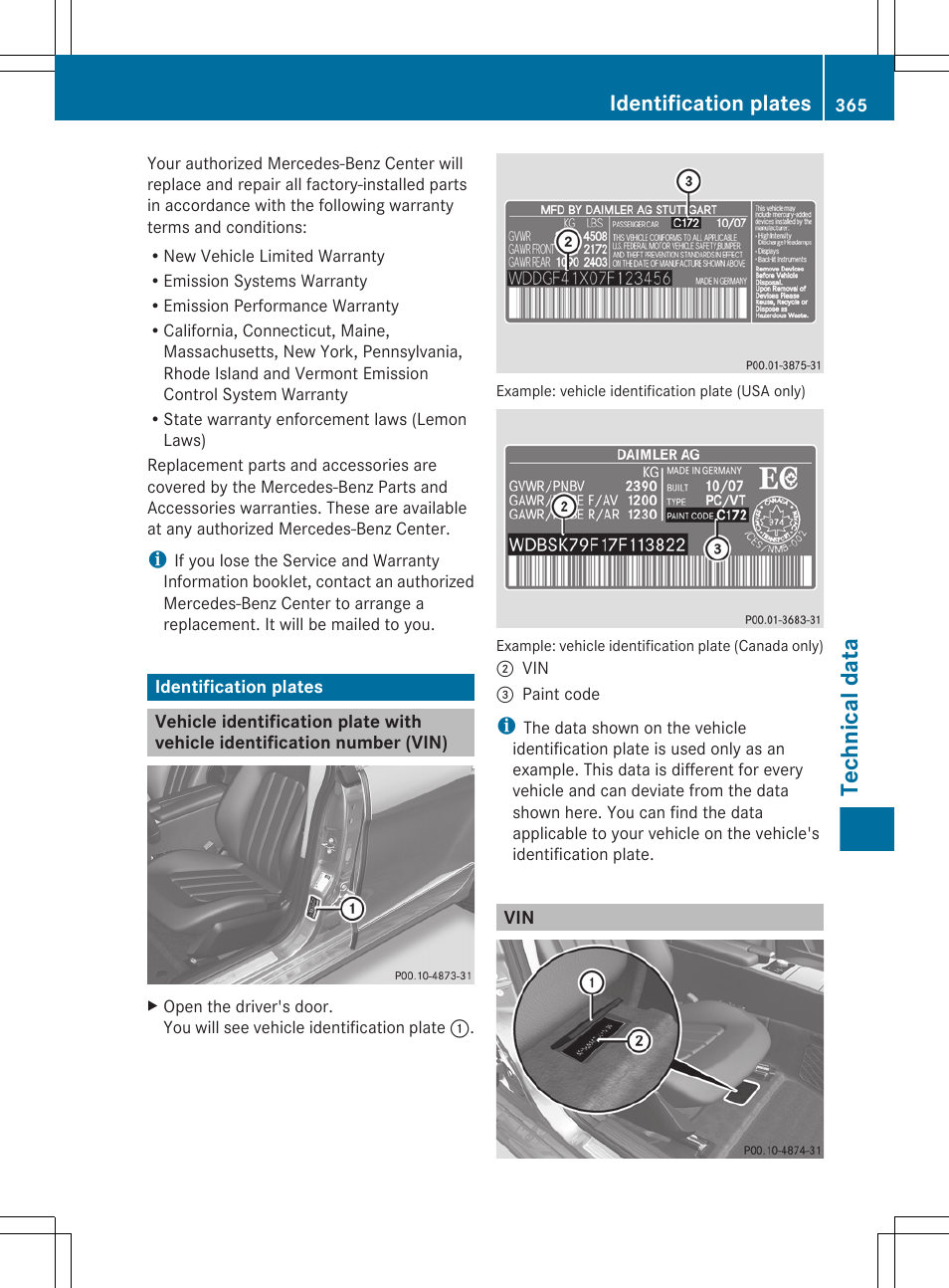 Identification plates, Technical data | Mercedes-Benz CLS-Class 2013 Owners Manual User Manual | Page 367 / 376
