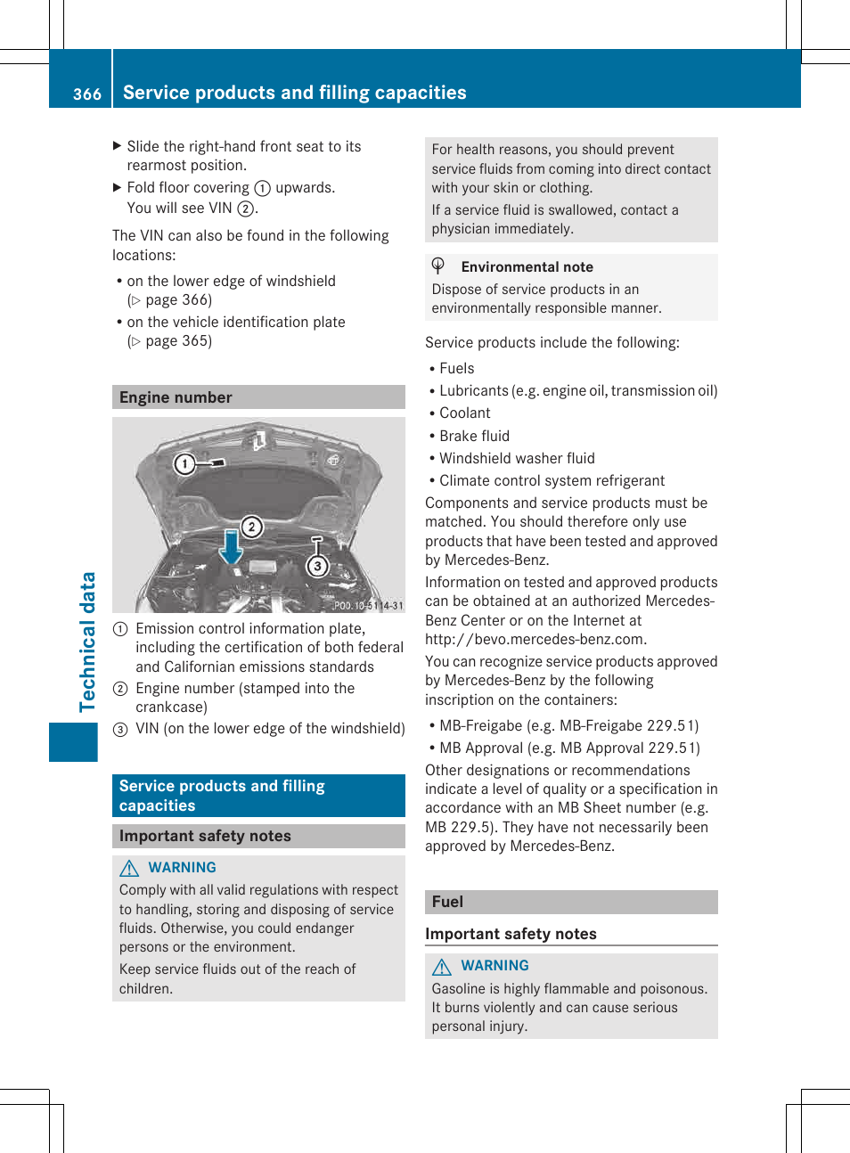 Engine number, Service products and filling capacities, Important safety notes | Fuel, Technical data | Mercedes-Benz CLS-Class 2013 Owners Manual User Manual | Page 368 / 376