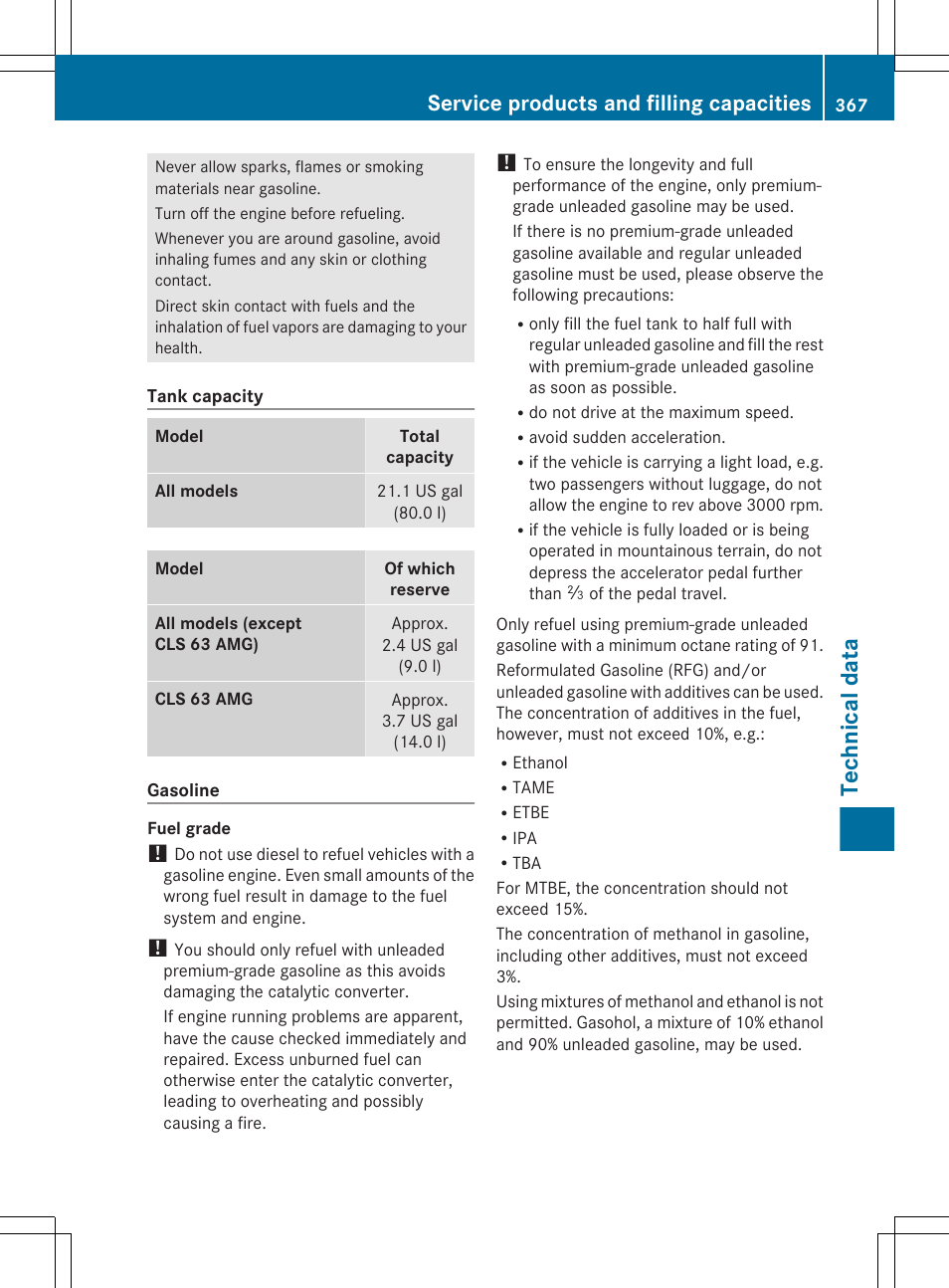 Technical data, Service products and filling capacities | Mercedes-Benz CLS-Class 2013 Owners Manual User Manual | Page 369 / 376