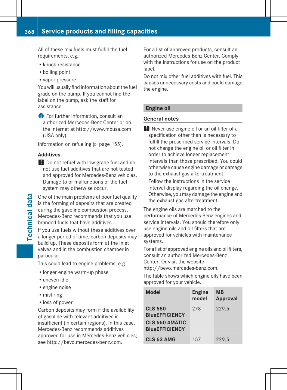 Engine oil, Technical data, Service products and filling capacities | Mercedes-Benz CLS-Class 2013 Owners Manual User Manual | Page 370 / 376