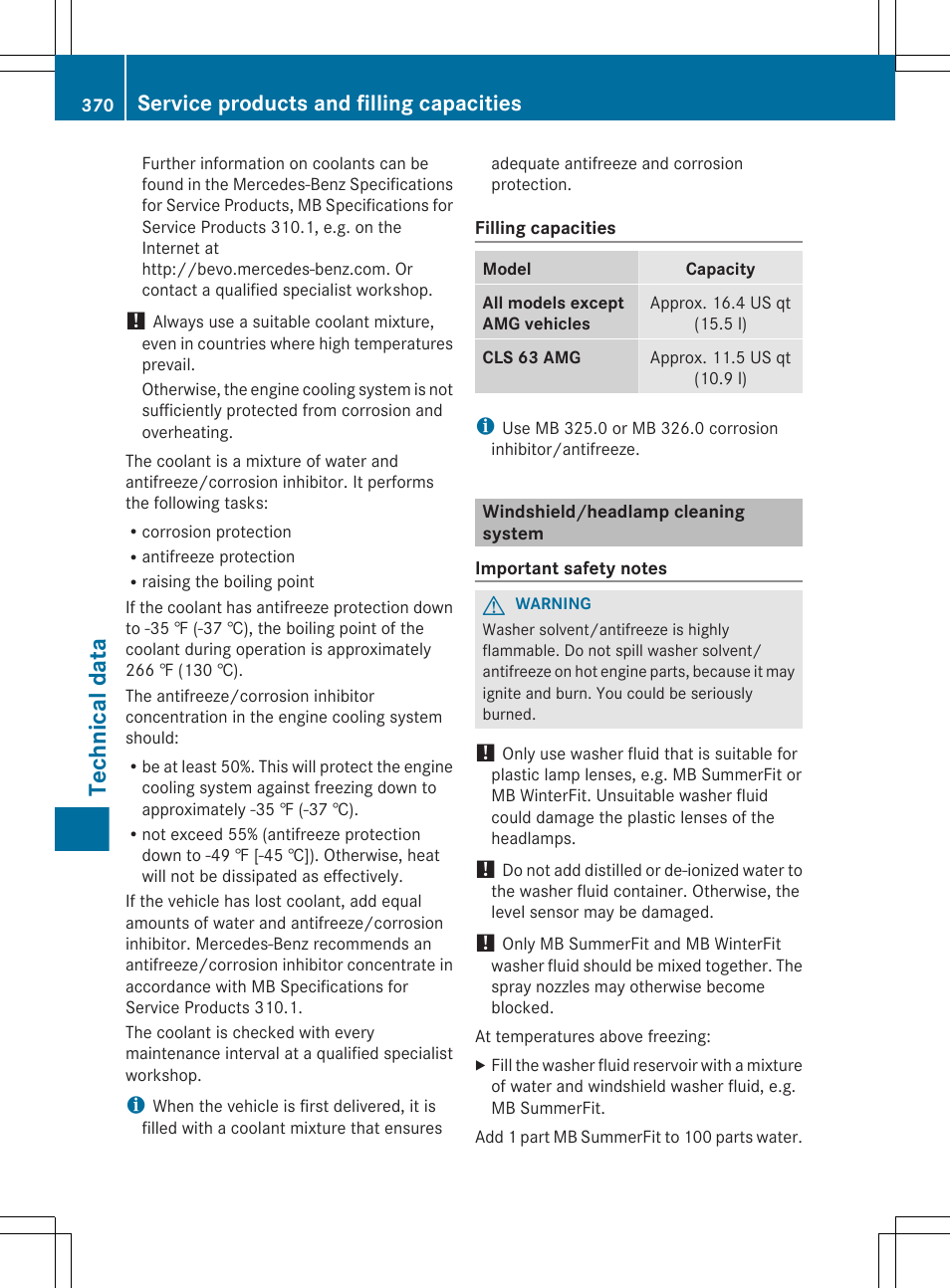 Windshield/headlamp cleaning system, Technical data, Service products and filling capacities | Mercedes-Benz CLS-Class 2013 Owners Manual User Manual | Page 372 / 376