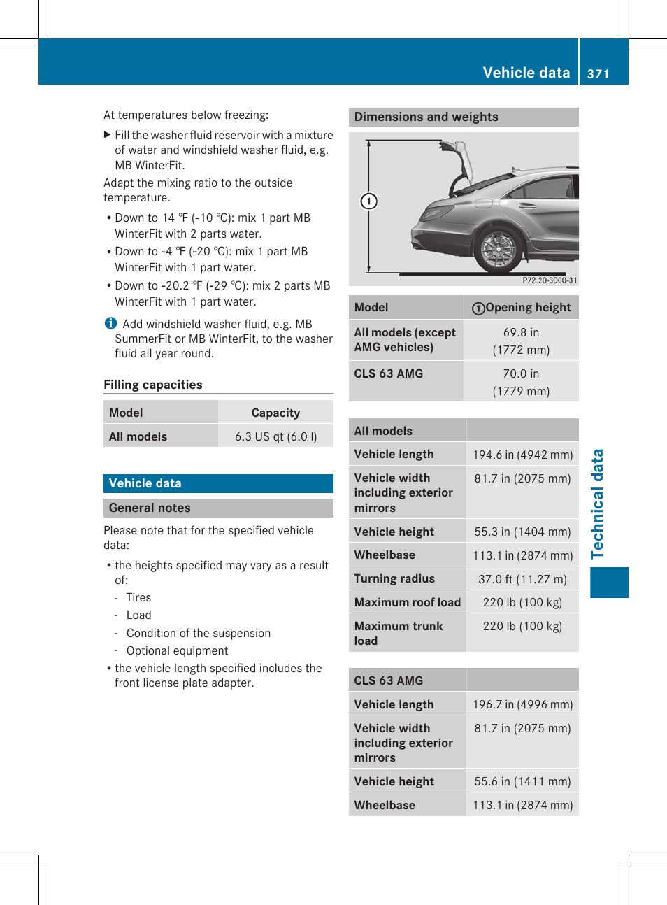 Vehicle data, General notes, Dimensions and weights | Technical data | Mercedes-Benz CLS-Class 2013 Owners Manual User Manual | Page 373 / 376