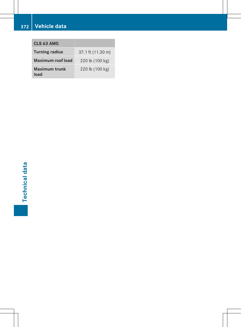 Technical data, Vehicle data | Mercedes-Benz CLS-Class 2013 Owners Manual User Manual | Page 374 / 376