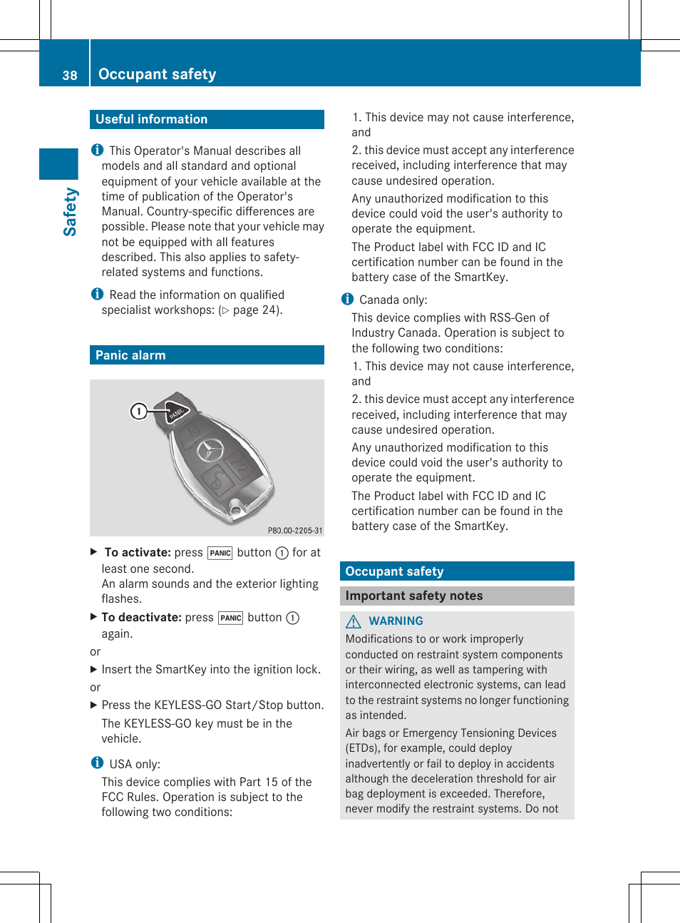 Safety, Useful information, Panic alarm | Occupant safety, Important safety notes | Mercedes-Benz CLS-Class 2013 Owners Manual User Manual | Page 40 / 376