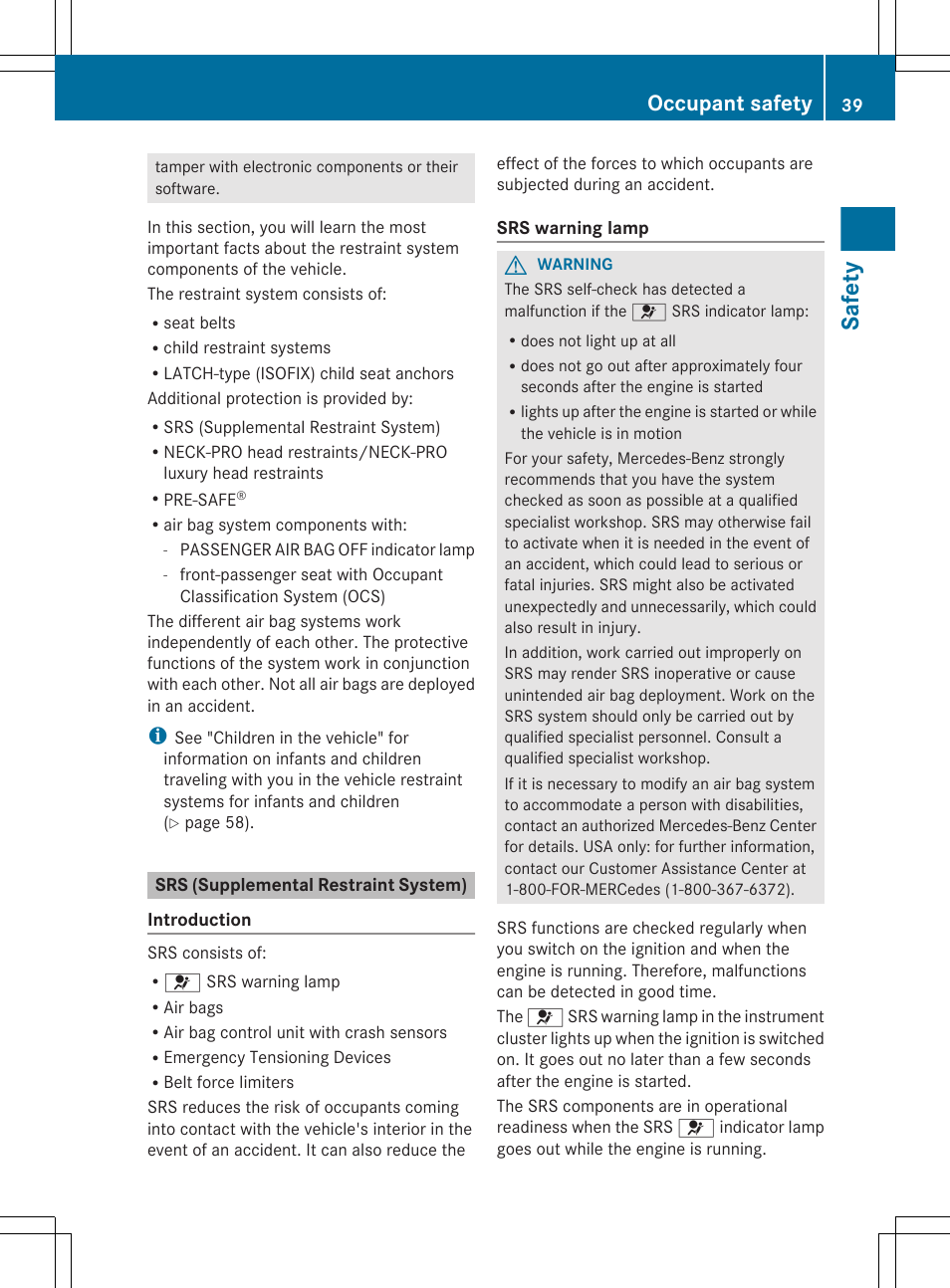 Srs (supplemental restraint system), Safety, Occupant safety | Mercedes-Benz CLS-Class 2013 Owners Manual User Manual | Page 41 / 376