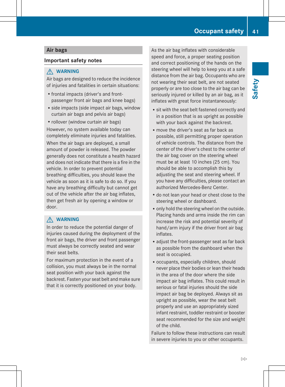 Air bags, Safety, Occupant safety | Mercedes-Benz CLS-Class 2013 Owners Manual User Manual | Page 43 / 376