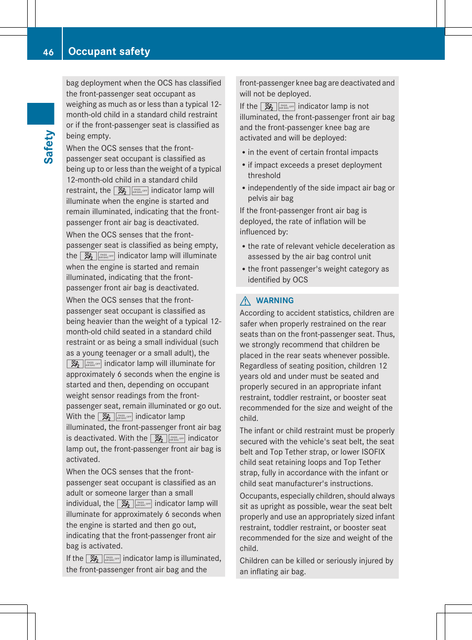 Safety, Occupant safety | Mercedes-Benz CLS-Class 2013 Owners Manual User Manual | Page 48 / 376