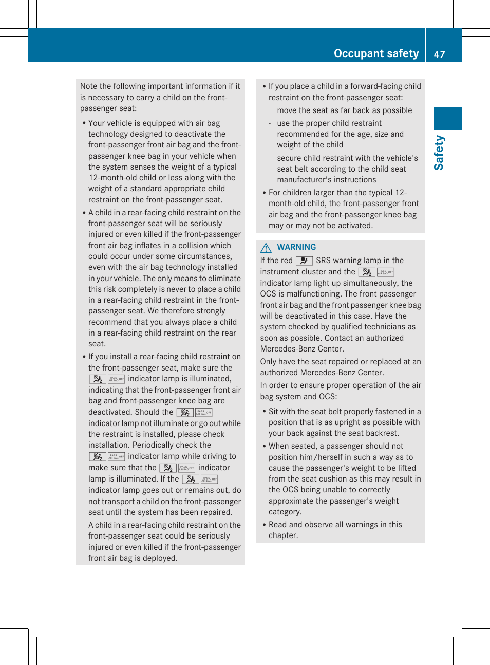 Safety, Occupant safety | Mercedes-Benz CLS-Class 2013 Owners Manual User Manual | Page 49 / 376