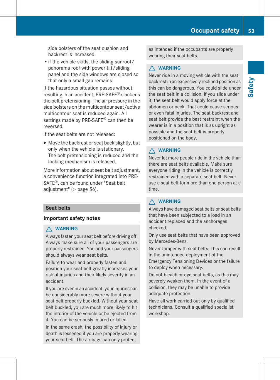 Seat belts, Safety, Occupant safety | Mercedes-Benz CLS-Class 2013 Owners Manual User Manual | Page 55 / 376