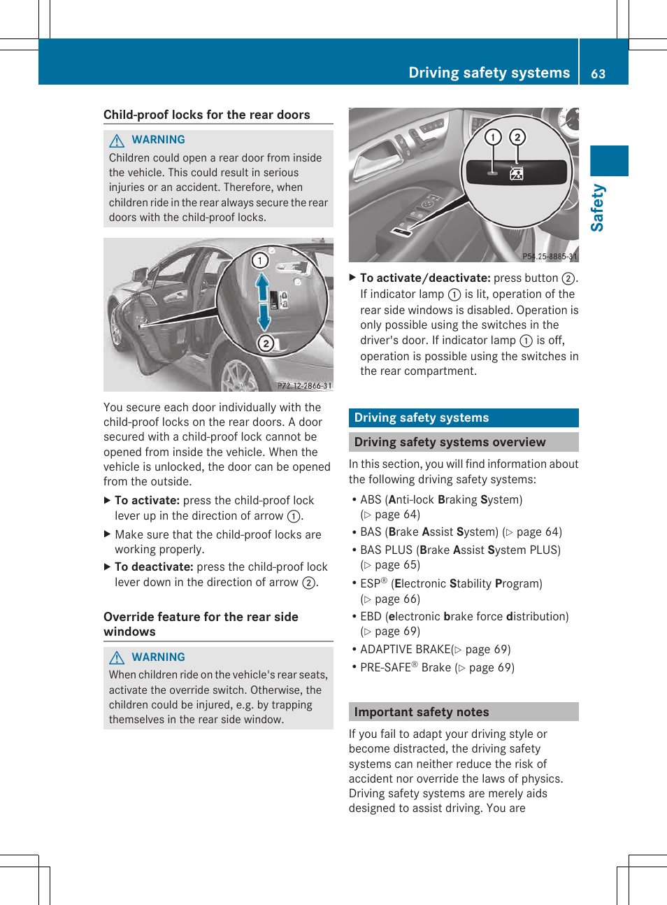 Driving safety systems, Driving safety systems overview, Important safety notes | Safety | Mercedes-Benz CLS-Class 2013 Owners Manual User Manual | Page 65 / 376