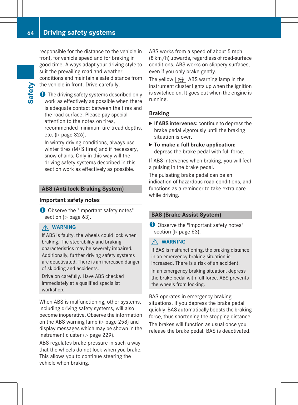 Abs (anti-lock braking system), Bas (brake assist system), Safety | Driving safety systems | Mercedes-Benz CLS-Class 2013 Owners Manual User Manual | Page 66 / 376