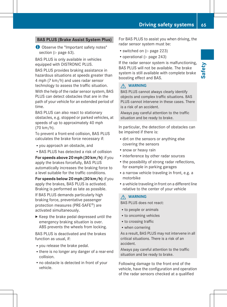 Bas plus (brake assist system plus), Safety, Driving safety systems | Mercedes-Benz CLS-Class 2013 Owners Manual User Manual | Page 67 / 376