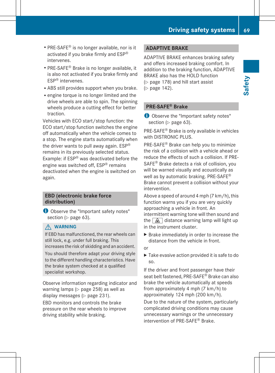 Ebd (electronic brake force distribution), Adaptive brake, Pre-safe® brake | Safety, Driving safety systems | Mercedes-Benz CLS-Class 2013 Owners Manual User Manual | Page 71 / 376