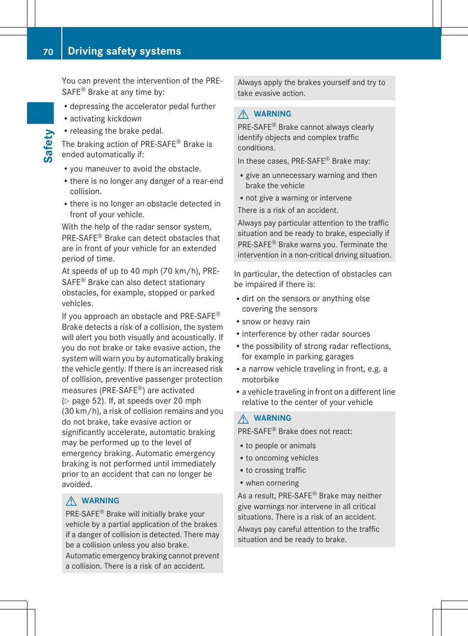 Safety, Driving safety systems | Mercedes-Benz CLS-Class 2013 Owners Manual User Manual | Page 72 / 376