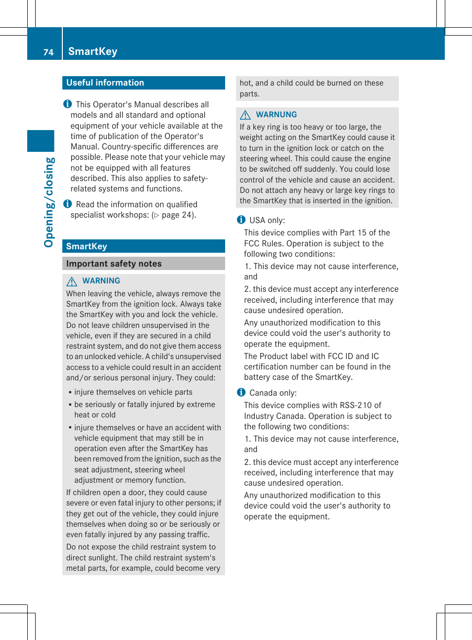 Opening/closing, Useful information, Smartkey | Important safety notes | Mercedes-Benz CLS-Class 2013 Owners Manual User Manual | Page 76 / 376