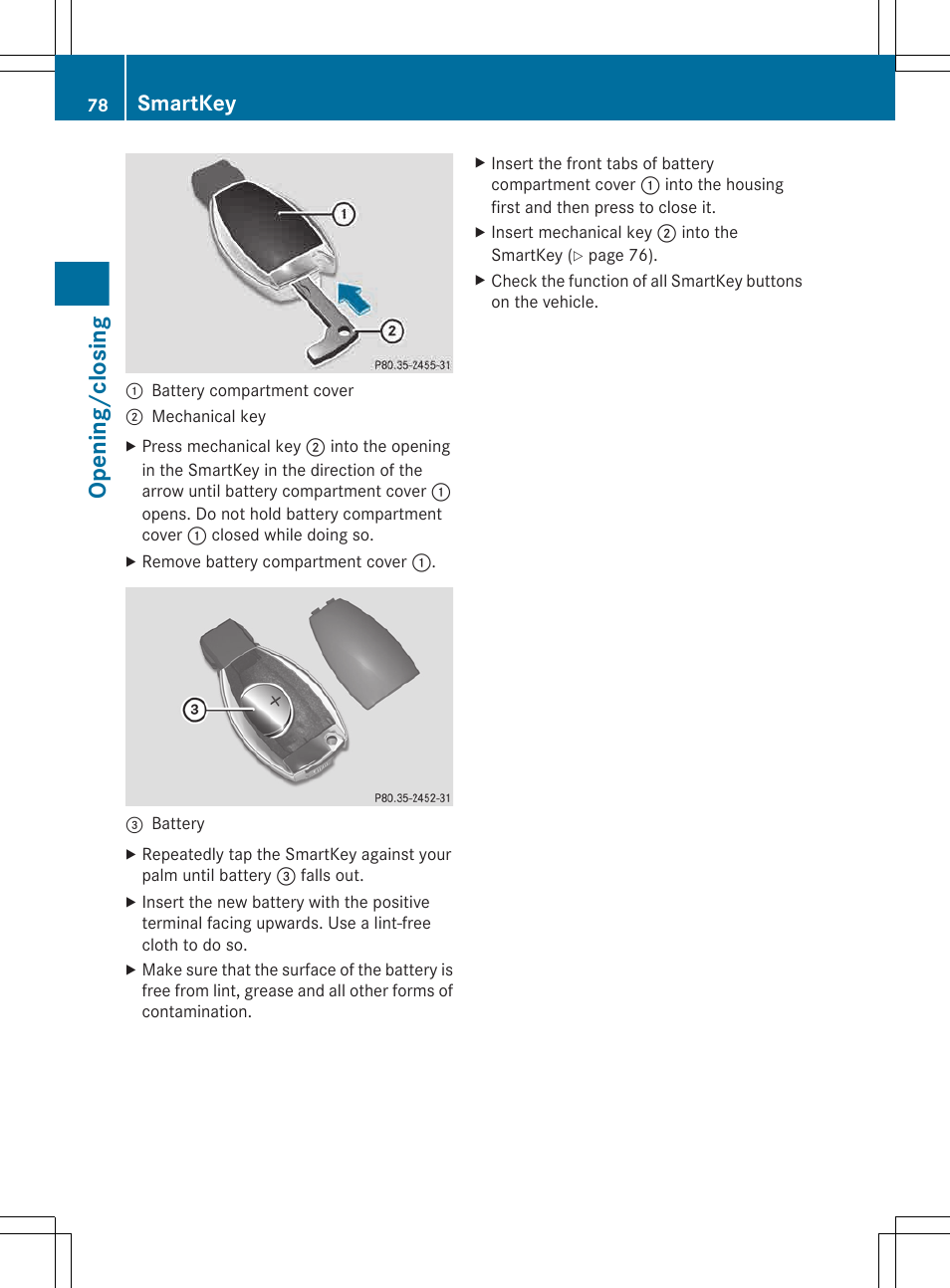 Opening/closing, Smartkey | Mercedes-Benz CLS-Class 2013 Owners Manual User Manual | Page 80 / 376