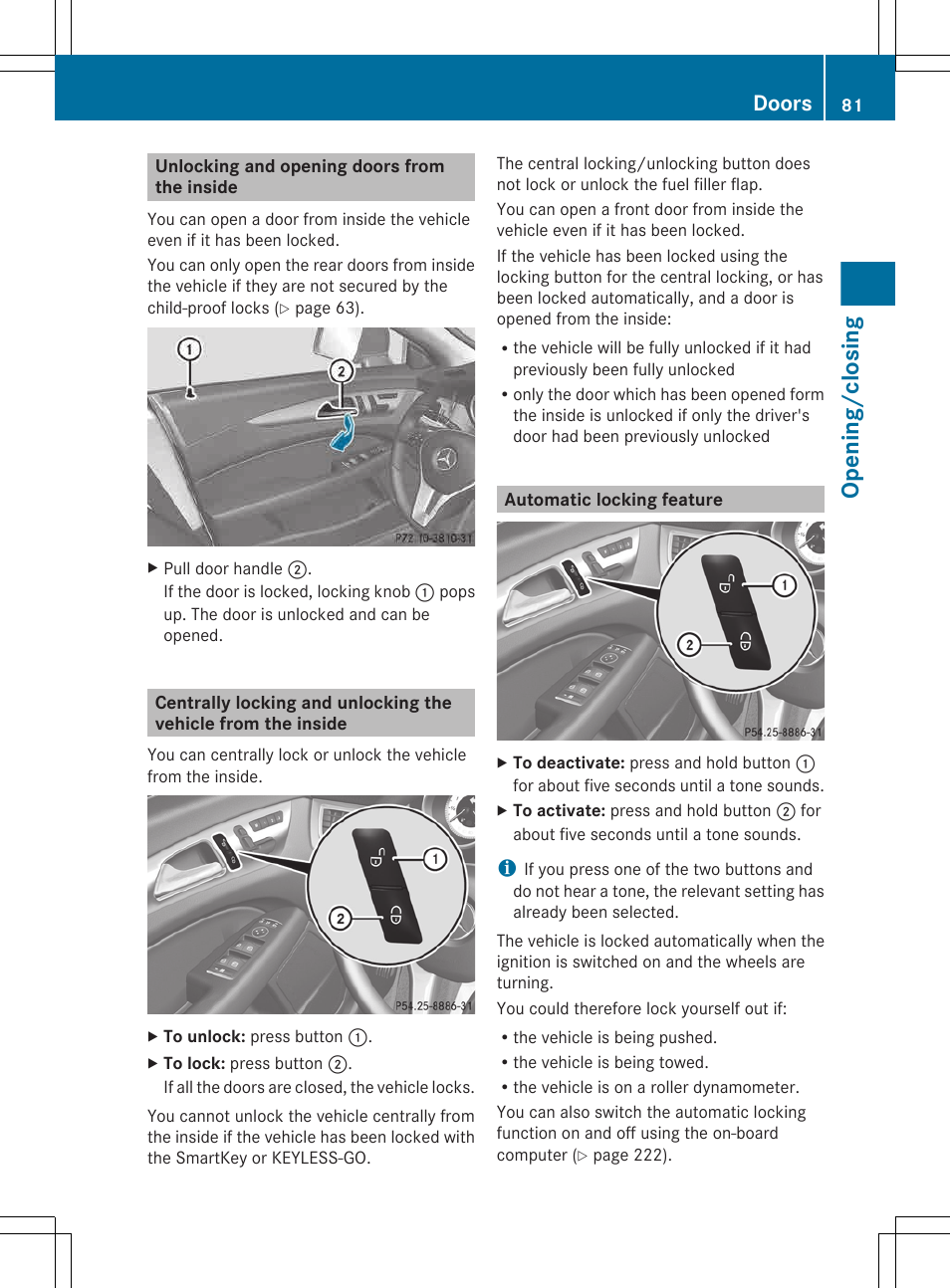 Unlocking and opening doors from the inside, Automatic locking feature, Opening/closing | Doors | Mercedes-Benz CLS-Class 2013 Owners Manual User Manual | Page 83 / 376