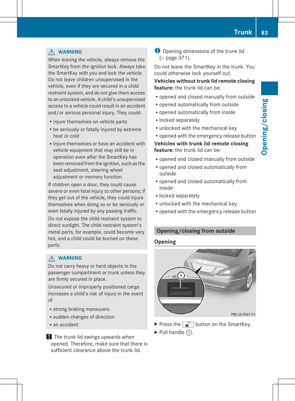 Opening/closing from outside, Opening/closing, Trunk | Mercedes-Benz CLS-Class 2013 Owners Manual User Manual | Page 85 / 376