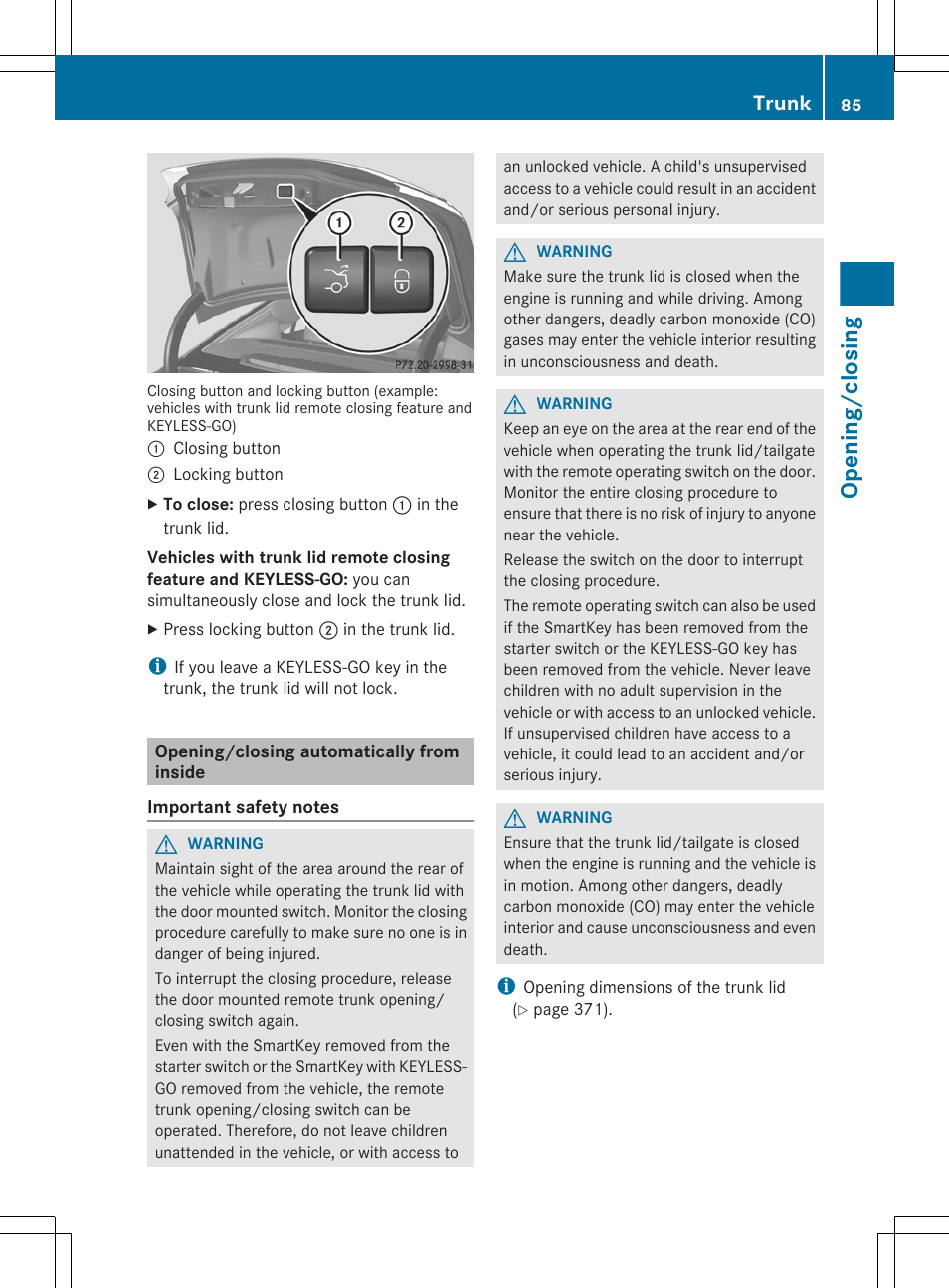 Opening/closing automatically from inside, Opening/closing, Trunk | Mercedes-Benz CLS-Class 2013 Owners Manual User Manual | Page 87 / 376