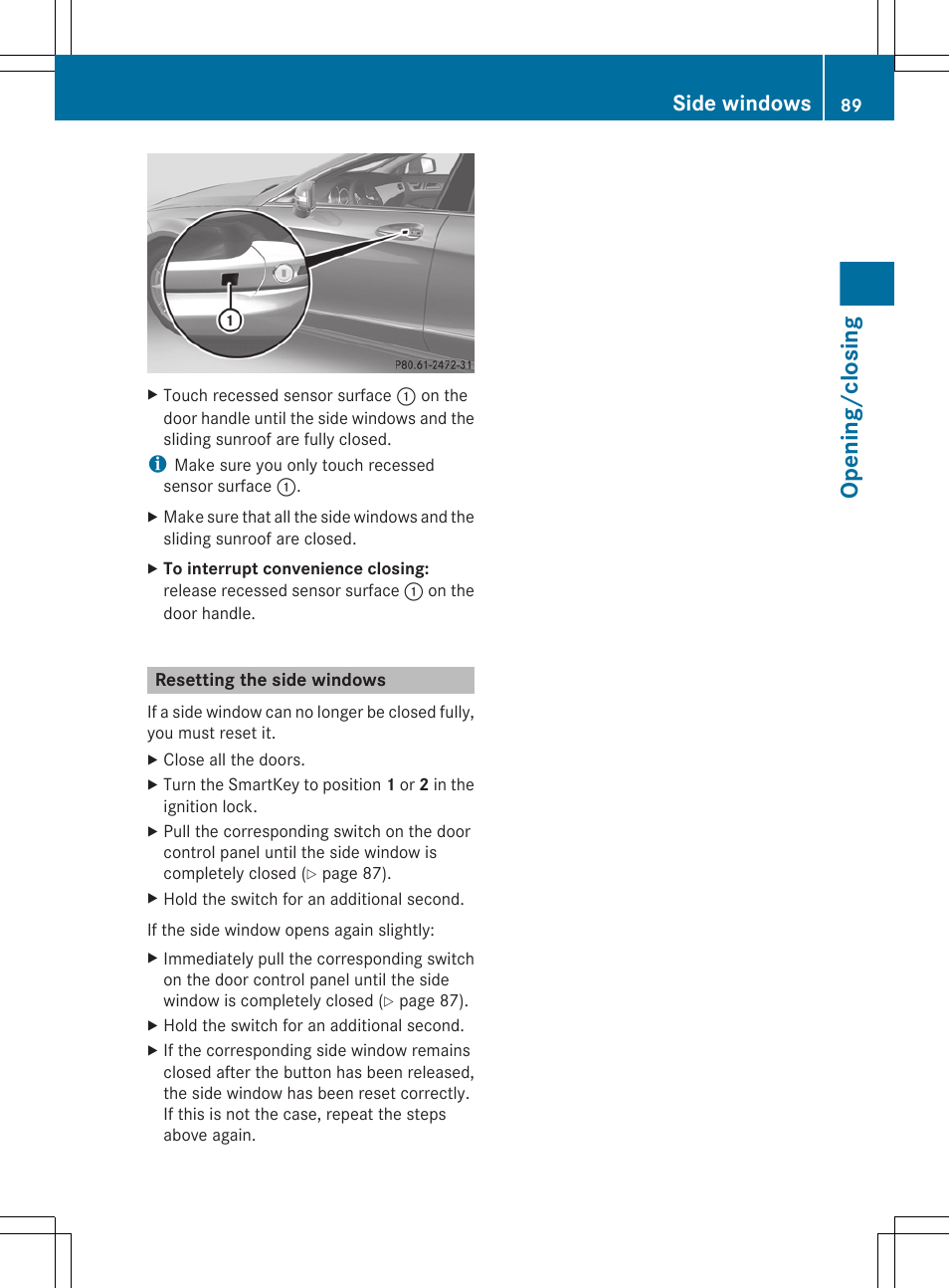 Resetting the side windows, Opening/closing, Side windows | Mercedes-Benz CLS-Class 2013 Owners Manual User Manual | Page 91 / 376