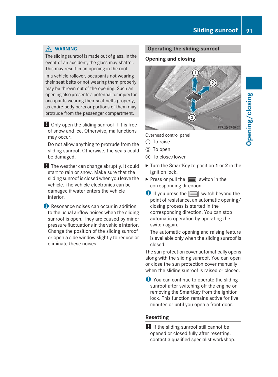 Operating the sliding sunroof, Opening/closing, Sliding sunroof | Mercedes-Benz CLS-Class 2013 Owners Manual User Manual | Page 93 / 376