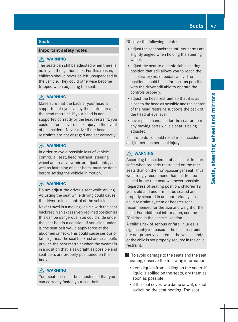 Seats, Important safety notes, Seats, steering wheel and mirrors | Mercedes-Benz CLS-Class 2013 Owners Manual User Manual | Page 99 / 376