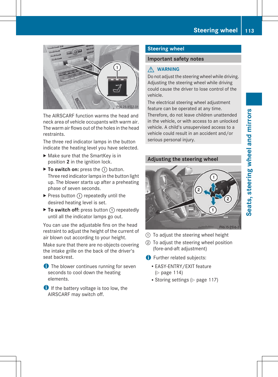 Steering wheel, Important safety notes, Adjusting the steering wheel | Seats, steering wheel and mirrors | Mercedes-Benz E-Cab 2013 Owners Manual User Manual | Page 115 / 372