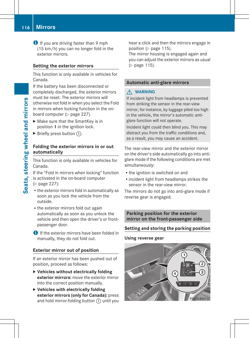 Automatic anti-glare mirrors, Seats, steering wheel and mirrors, Mirrors | Mercedes-Benz E-Cab 2013 Owners Manual User Manual | Page 118 / 372