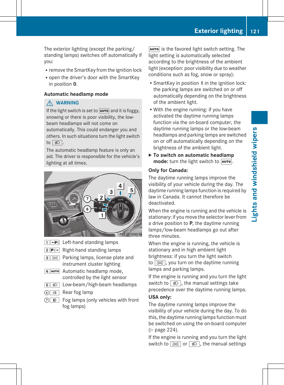 Lights and windshield wipers, Exterior lighting | Mercedes-Benz E-Cab 2013 Owners Manual User Manual | Page 123 / 372