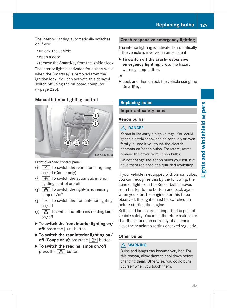Crash-responsive emergency lighting, Replacing bulbs, Important safety notes | Lights and windshield wipers | Mercedes-Benz E-Cab 2013 Owners Manual User Manual | Page 131 / 372