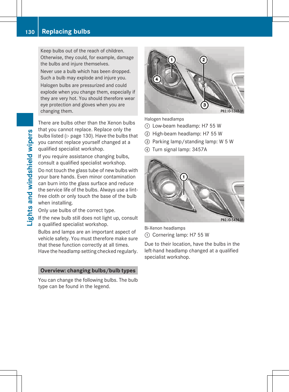 Overview: changing bulbs/bulb types, Lights and windshield wipers, Replacing bulbs | Mercedes-Benz E-Cab 2013 Owners Manual User Manual | Page 132 / 372