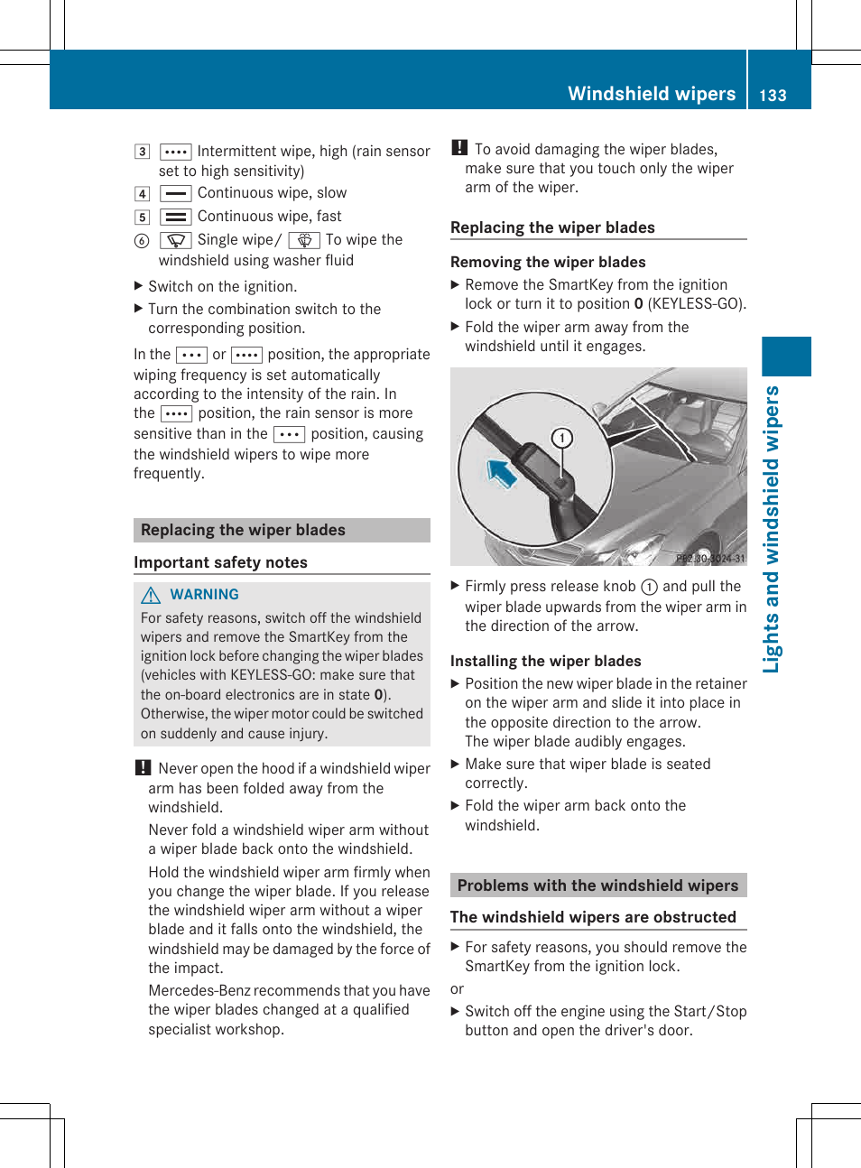 Replacing the wiper blades, Problems with the windshield wipers, Lights and windshield wipers | Windshield wipers | Mercedes-Benz E-Cab 2013 Owners Manual User Manual | Page 135 / 372