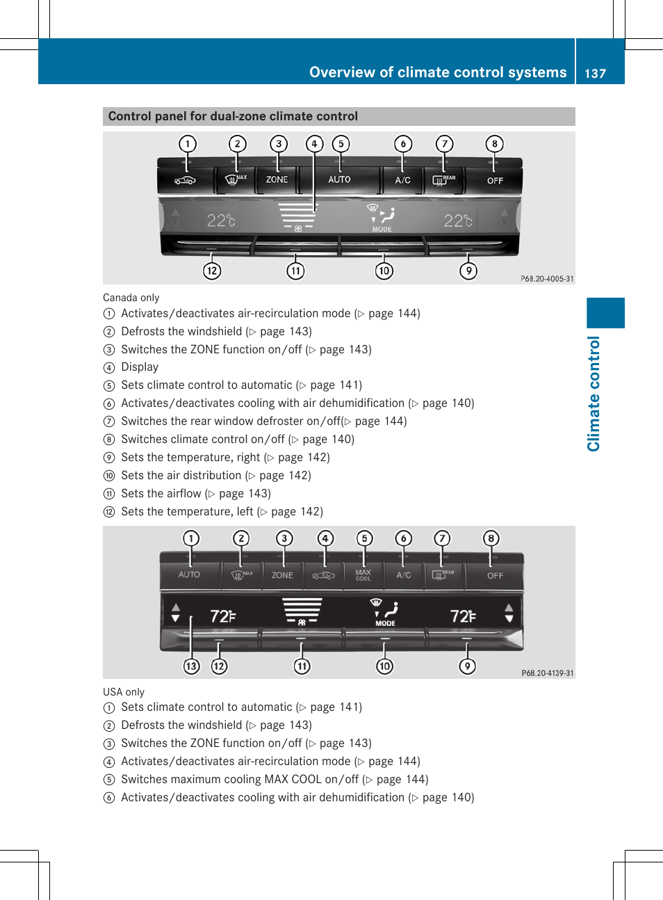 Control panel for dual-zone climate control, Climate control, Overview of climate control systems | Mercedes-Benz E-Cab 2013 Owners Manual User Manual | Page 139 / 372