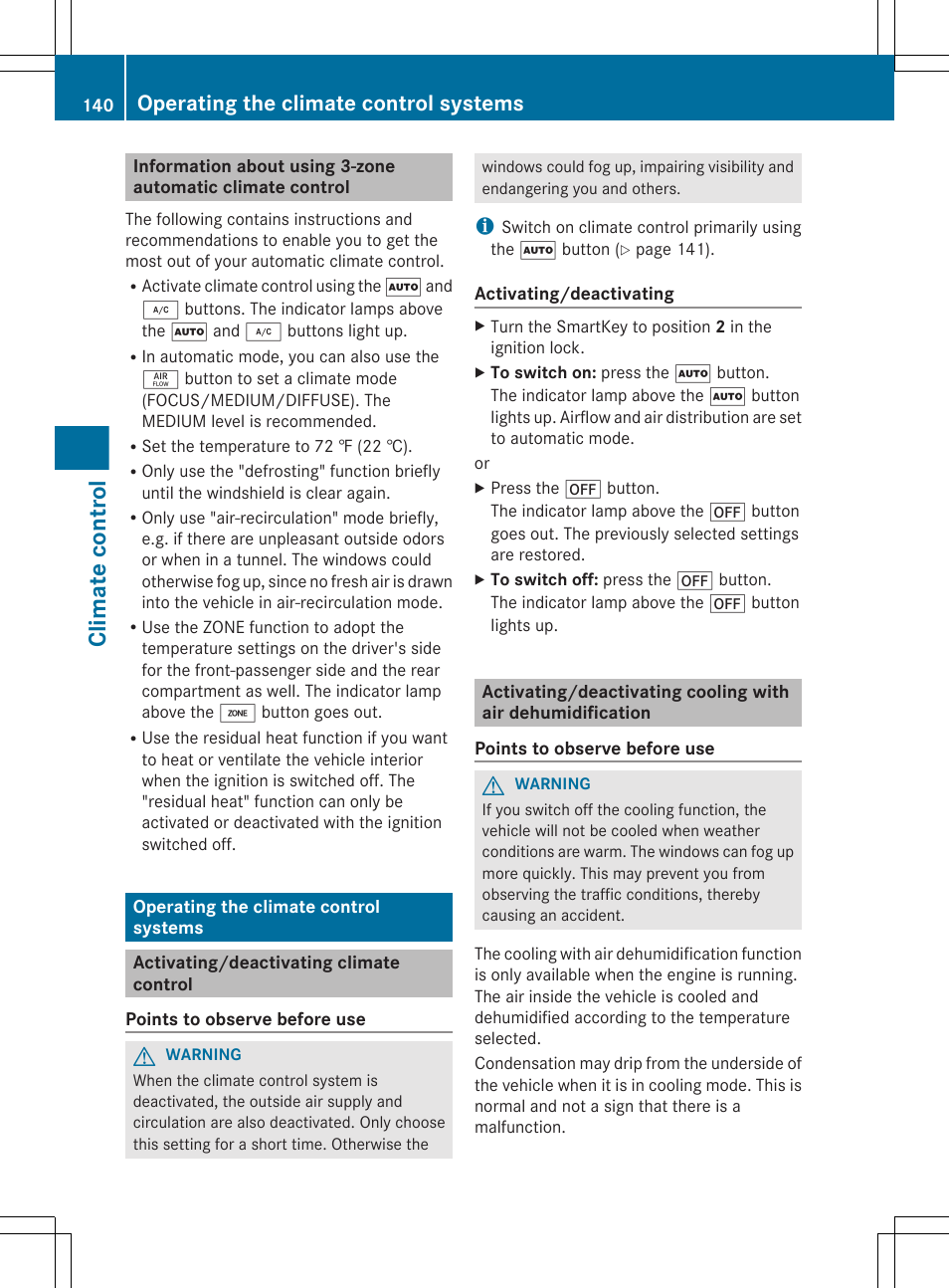 Operating the climate control systems, Activating/deactivating climate control, Climate control | Mercedes-Benz E-Cab 2013 Owners Manual User Manual | Page 142 / 372