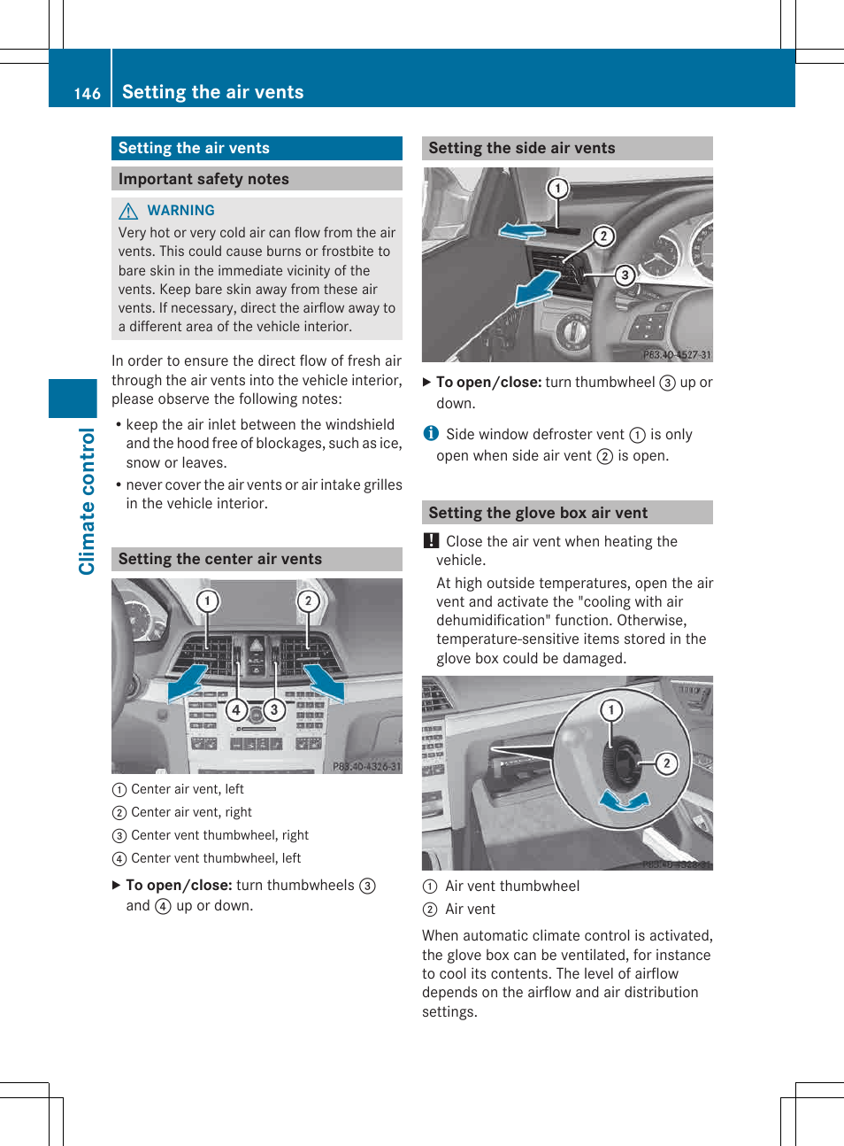 Setting the air vents, Important safety notes, Setting the center air vents | Setting the side air vents, Setting the glove box air vent, Climate control | Mercedes-Benz E-Cab 2013 Owners Manual User Manual | Page 148 / 372