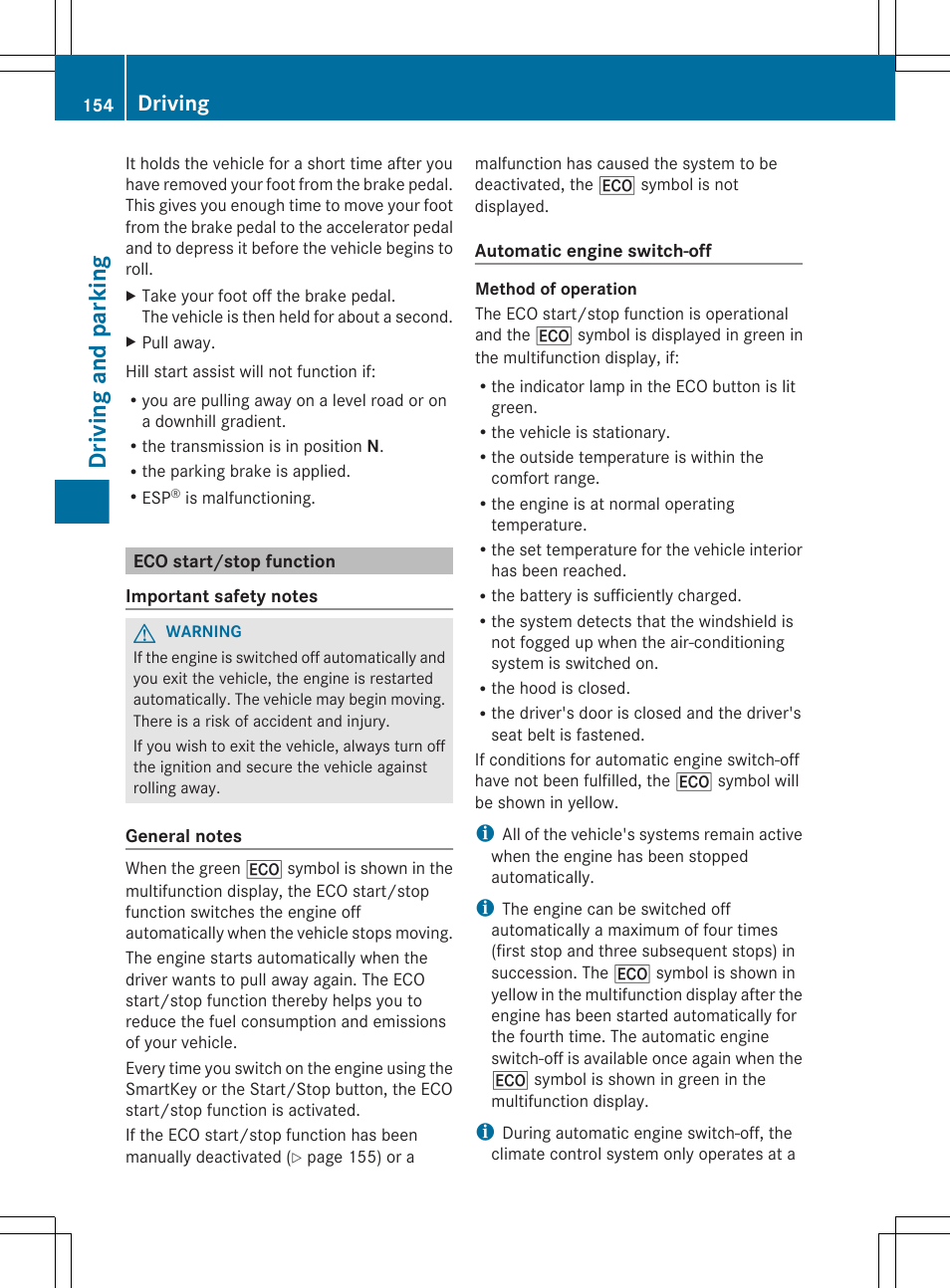 Eco start/stop function, Driving and parking, Driving | Mercedes-Benz E-Cab 2013 Owners Manual User Manual | Page 156 / 372