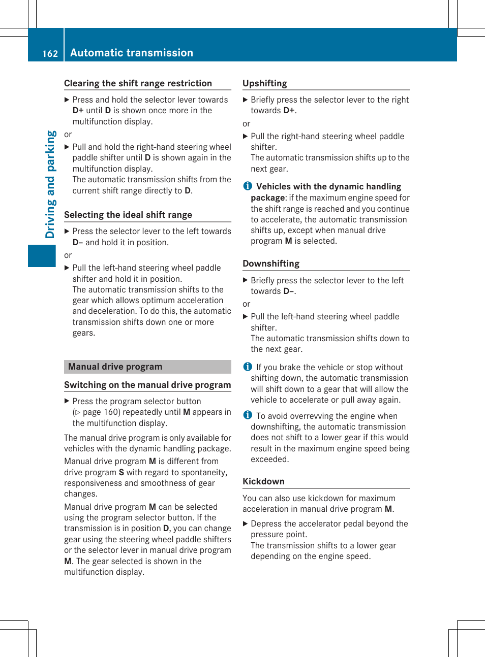 Manual drive program, Driving and parking, Automatic transmission | Mercedes-Benz E-Cab 2013 Owners Manual User Manual | Page 164 / 372