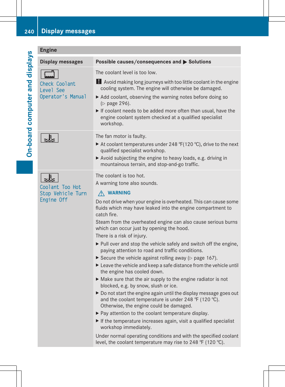 Engine, On-board computer and displays, Display messages | Mercedes-Benz E-Cab 2013 Owners Manual User Manual | Page 242 / 372