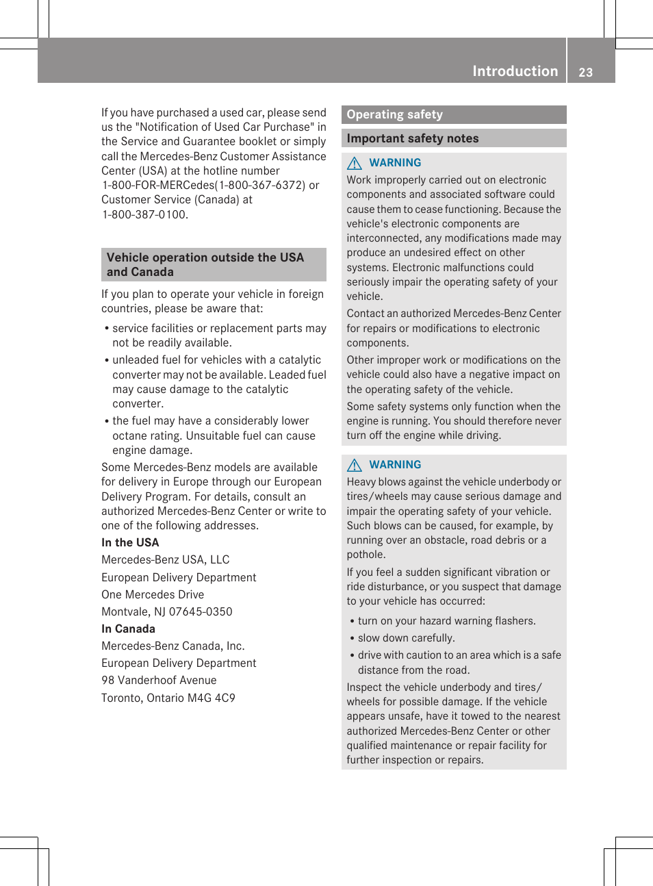 Vehicle operation outside the usa and canada, Operating safety, Important safety notes | Introduction | Mercedes-Benz E-Cab 2013 Owners Manual User Manual | Page 25 / 372