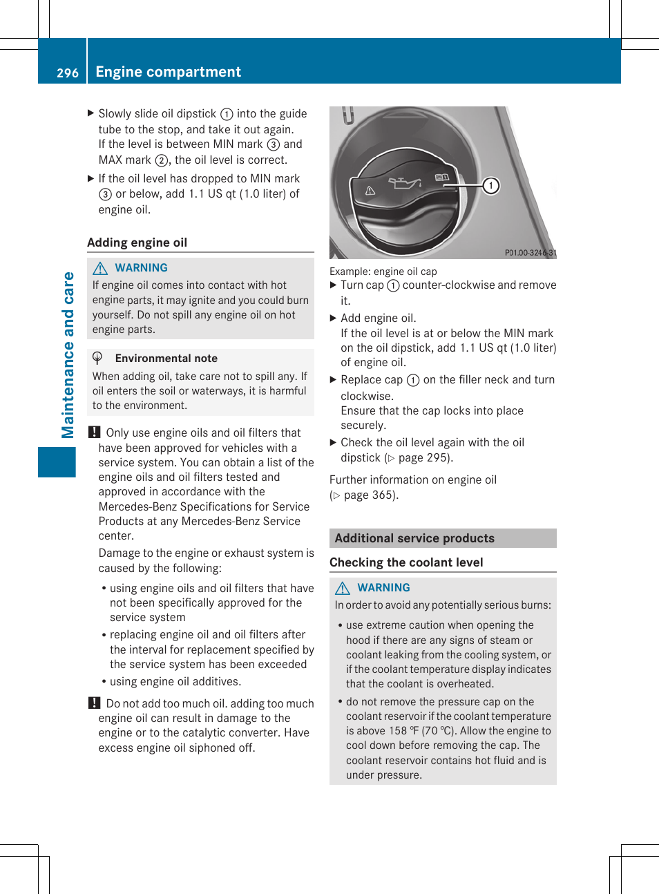 Additional service products, Maintenance and care, Engine compartment | Mercedes-Benz E-Cab 2013 Owners Manual User Manual | Page 298 / 372