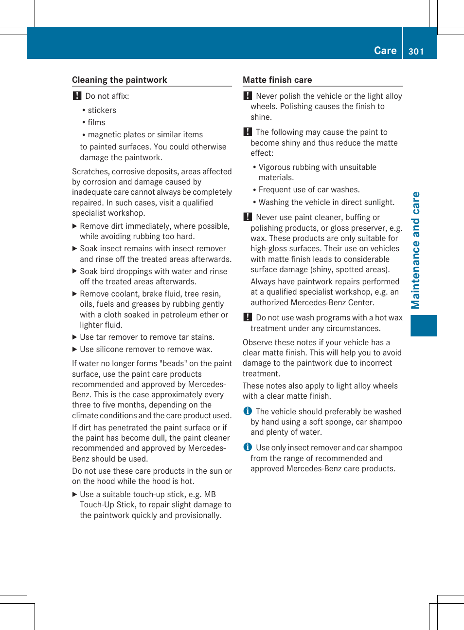 Maintenance and care, Care | Mercedes-Benz E-Cab 2013 Owners Manual User Manual | Page 303 / 372