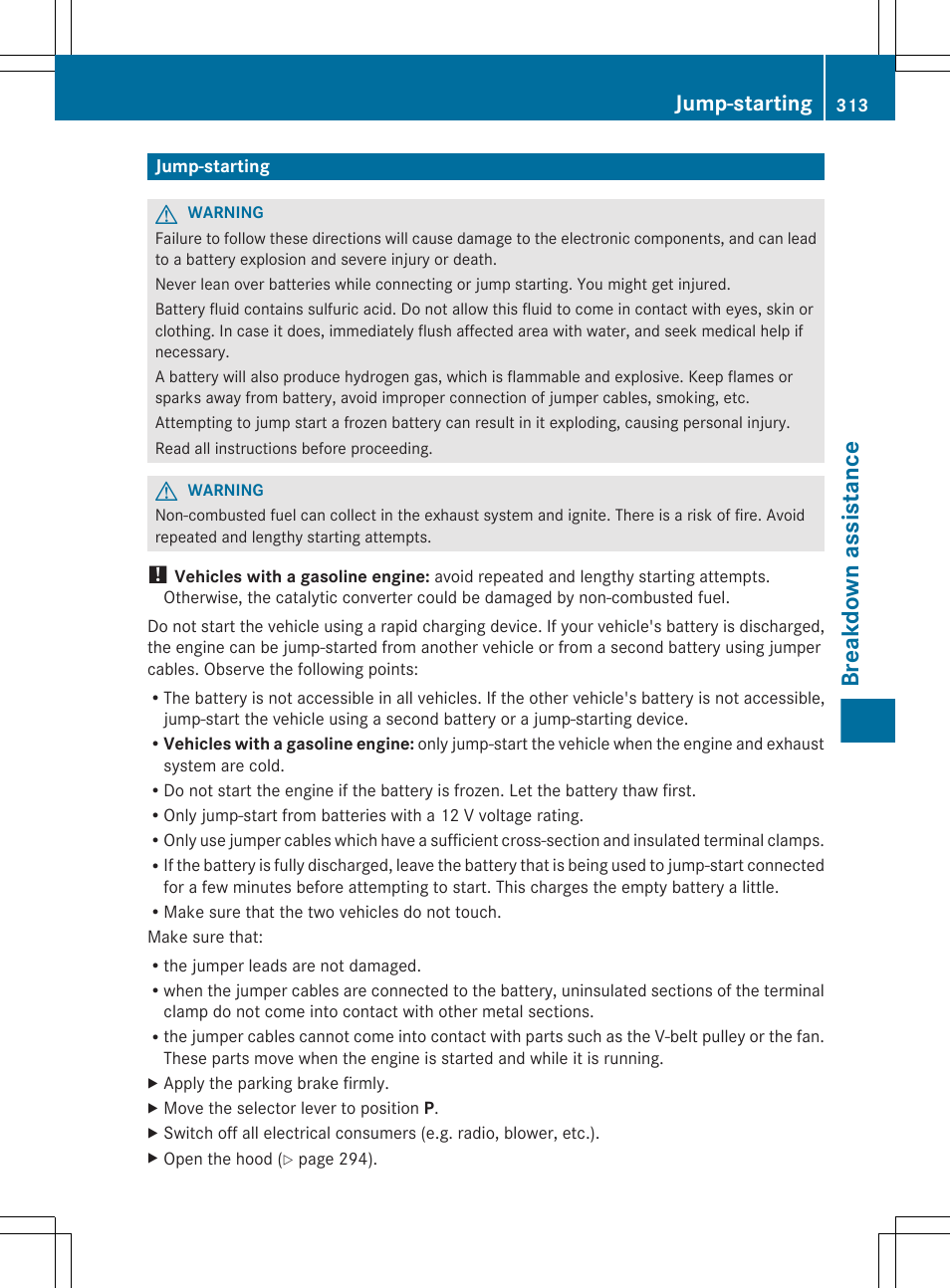 Jump-starting, Breakdown assistance | Mercedes-Benz E-Cab 2013 Owners Manual User Manual | Page 315 / 372