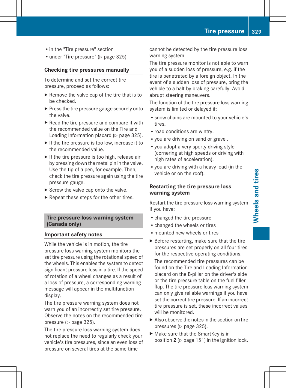 Tire pressure loss warning system (canada only), Wheels and tires, Tire pressure | Mercedes-Benz E-Cab 2013 Owners Manual User Manual | Page 331 / 372